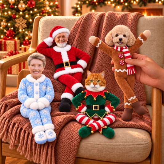 Personalized Photo Squishy Plush Doll, Loved Ones Lounging by a Christmas Tree, Unique Family Gift