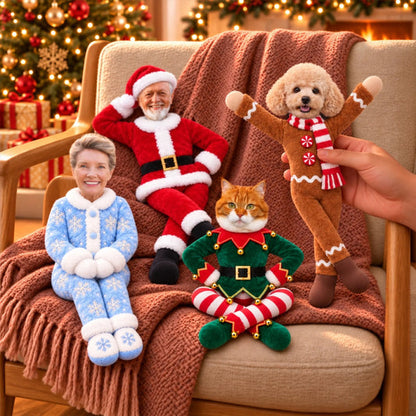 Personalized Photo Squishy Plush Doll, Loved Ones Lounging by a Christmas Tree, Unique Family Gift