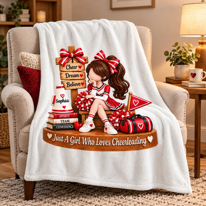 Personalized Fleece Blanket with Sitting Cheerleader, Unique Gift for Daughter or Granddaughter