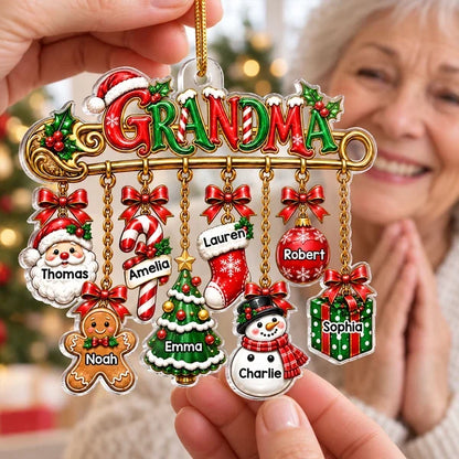 Personalized Acrylic Ornament, Grandma Safety Pin with Hanging Christmas Charms, Unique Gift for Grandma