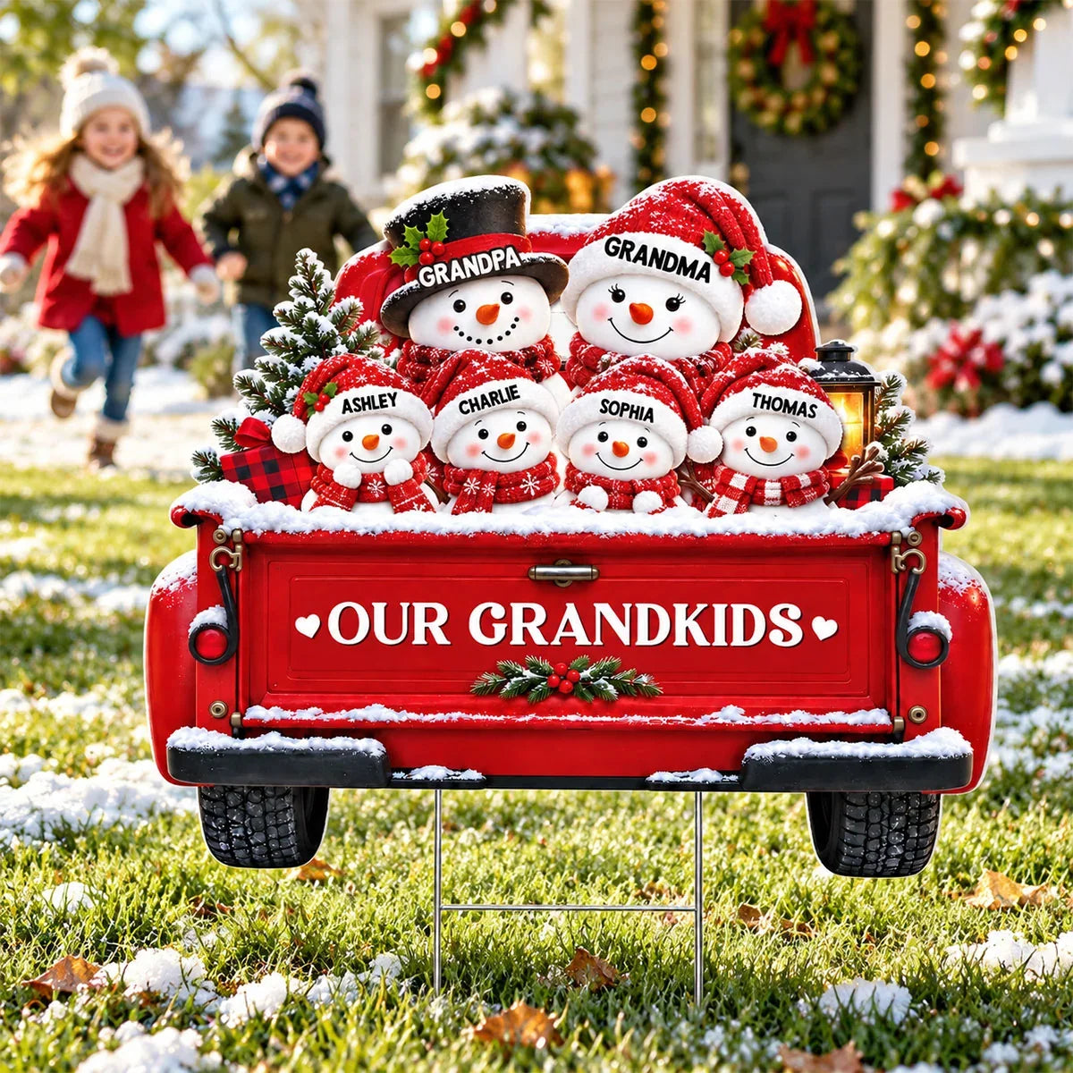 Personalized Shaped Yard Sign, Snowman Family Riding a Red Truck, Unique Christmas Gift for Grandparents
