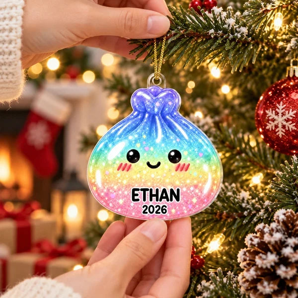Personalized Acrylic Ornament, Smiling Dim Sum on a Lit Christmas Tree, Unique Creative Keepsake Gift for Family
