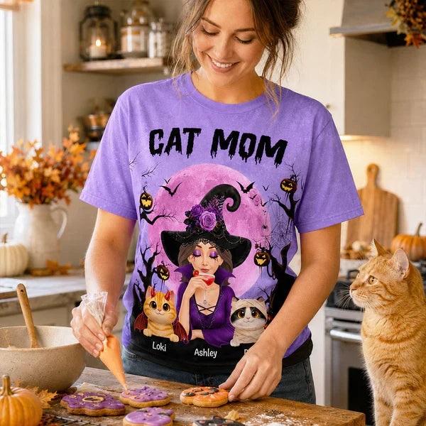 Personalized Cat Mom Printed Classic Tee, Witch and Cats Under Purple Moon, Creative Halloween Gift for Cat Lovers