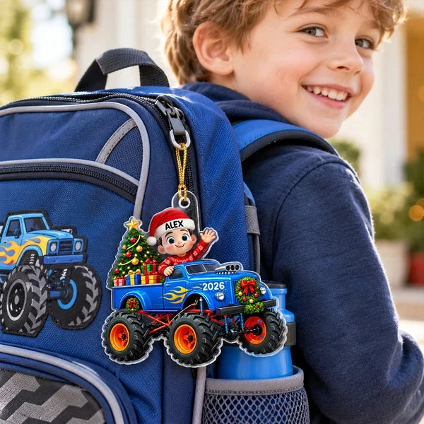 Personalized Acrylic Ornament, Waving Kid in Blue Monster Truck, Colorful Christmas Tree Decor, Unique Gift for Kids