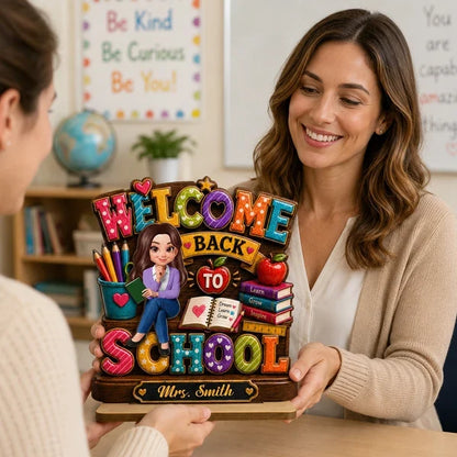 Personalized 2-Layer Wooden Plaque, Colorful Welcome Back to School Teacher Desk Decor, Unique Gift
