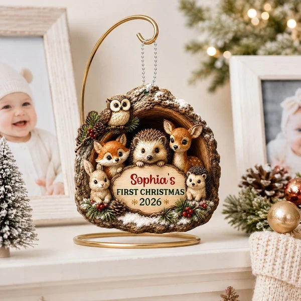 Personalized Wooden Ornament, Woodland Animals in a Snowy Pine Scene, Unique First Christmas Gift for Baby