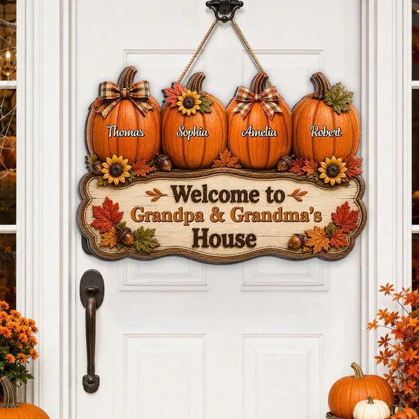 Personalized Wooden Sign with Fall Pumpkins, Unique Gift for Grandma & Grandpa's Cozy House