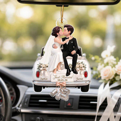 Personalized Acrylic Ornament, Kissing Bride & Groom on Wedding Car, Unique Gift for Couple