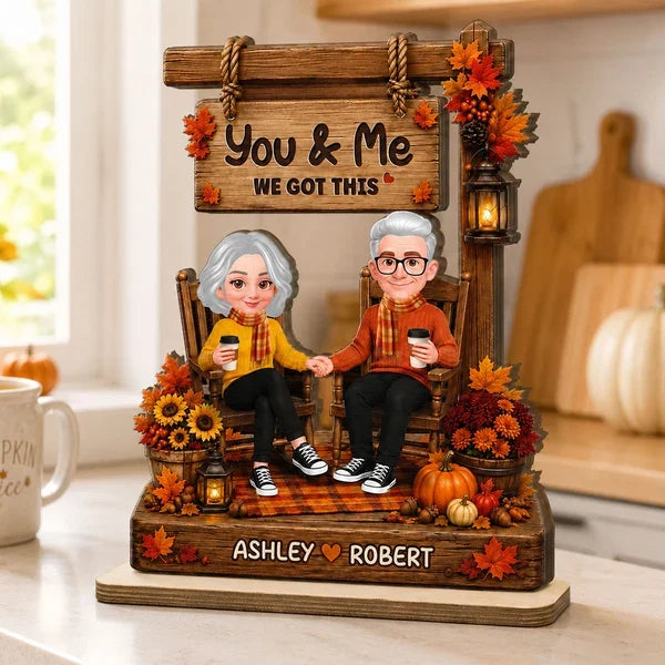 You & Me Personalized 2-Layer Wooden Plaque, Autumn Couple Holding Hands, Creative Gift for Partners