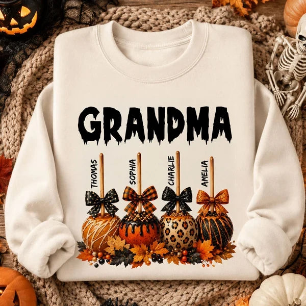 Personalized Grandma Classic Tee, Halloween Caramel Apple Design, Unique Gift for Grandma