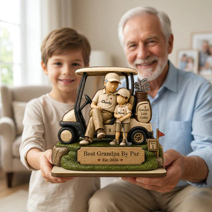 Personalized 2-Layer Wooden Plaque, Grandpa & Little Caddie Golf Cart Scene, Unique Gift for Grandpa