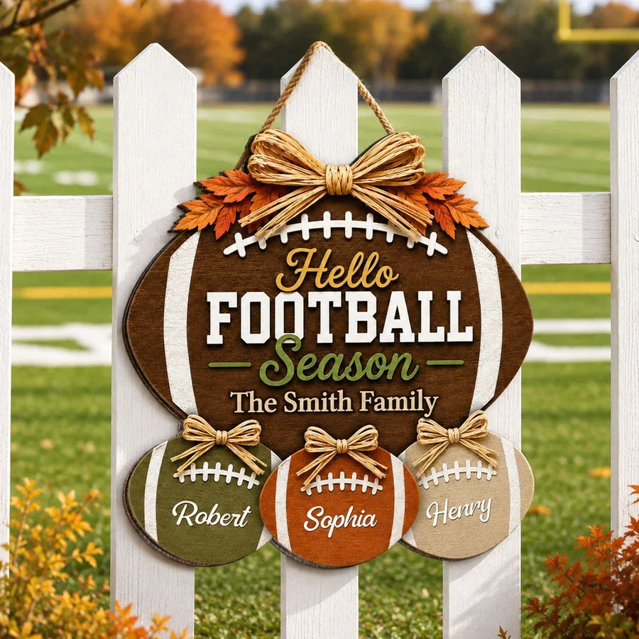 Wooden Sign with Football and Fall Leaves, Personalized Family Decor, Creative Gift for American Football Fans