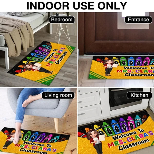 Personalized Standard Doormat, Cartoon Teacher & Bright Crayons, Unique Gift for Classroom Entry