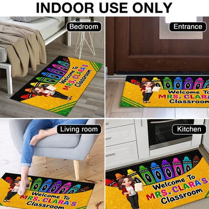 Personalized Standard Doormat, Cartoon Teacher & Bright Crayons, Unique Gift for Classroom Entry