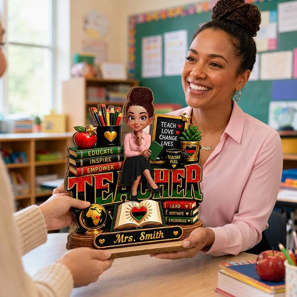 Personalized 2-Layer Wooden Plaque, Sitting Teacher Classroom Art, Unique Creative Gift for Teacher