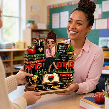 Personalized 2-Layer Wooden Plaque, Sitting Teacher Classroom Art, Unique Creative Gift for Teacher