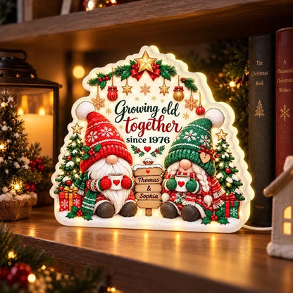 Personalized Acrylic Light Box, Gnome Couple Holding Mugs in a Snowy Christmas Scene, Unique Gift for Couples