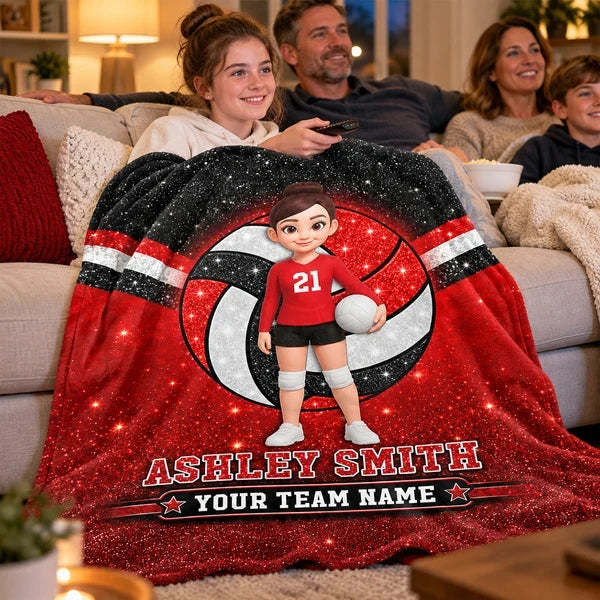 Personalized Fleece Blanket, Cartoon Volleyball Player Holding a Ball, Red Glitter-Look Style, Unique Player Gift