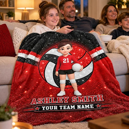 Personalized Fleece Blanket, Cartoon Volleyball Player Holding a Ball, Red Glitter-Look Style, Unique Player Gift