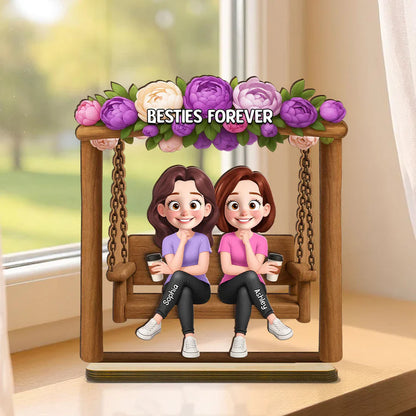 Personalized Layered Wooden Plaque, Friends On Swing Flower Art, Unique Creative Gift For Sister