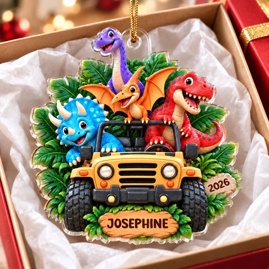 Personalized Acrylic Ornament, Colorful Dinosaurs Riding an Adventure Jeep, Unique Christmas Gift for Kids
