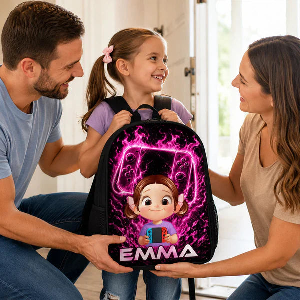 Personalized Kids School Backpack, Neon Gamer Design for Son or Daughter, Unique Back to School Gift