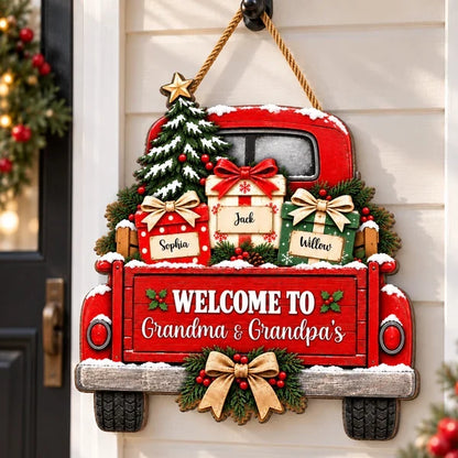 Personalized Wooden Sign with Snowy Red Christmas Truck, Unique Gift for Grandma & Grandpa