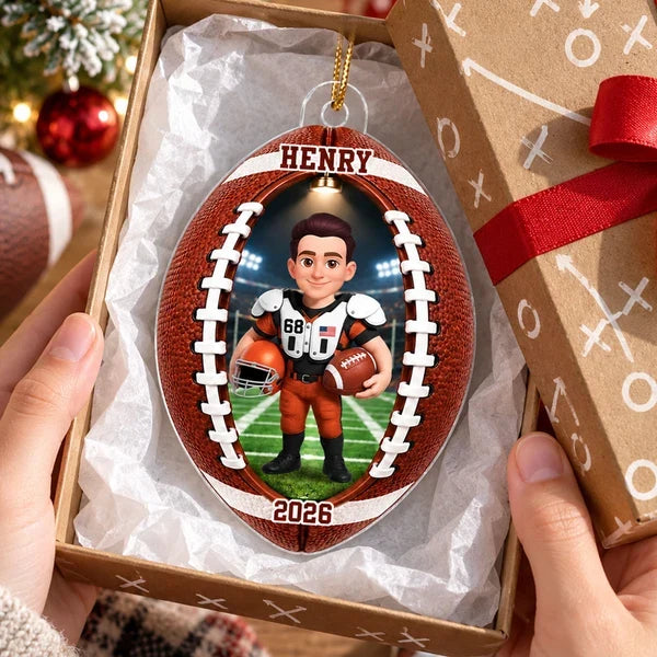 Personalized Acrylic Ornament, Custom Football Player on Stadium Field, Unique Christmas Gift for Son