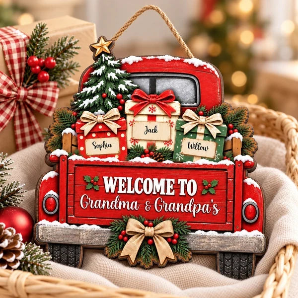 Personalized Wooden Sign with Snowy Red Christmas Truck, Unique Gift for Grandma & Grandpa