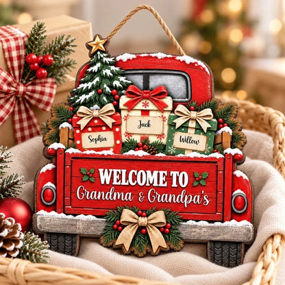 Personalized Wooden Sign with Snowy Red Christmas Truck, Unique Gift for Grandma & Grandpa