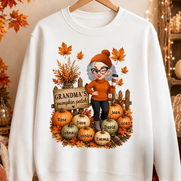 Personalized Classic Tee, Coffee-Holding Grandma in a Warm Orange Pumpkin Patch, Unique Fall Gift for Grandma