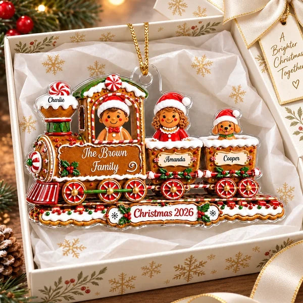 Personalized Acrylic Ornament, Gingerbread Family Train on a Christmas Tree, Unique Holiday Gift for Family