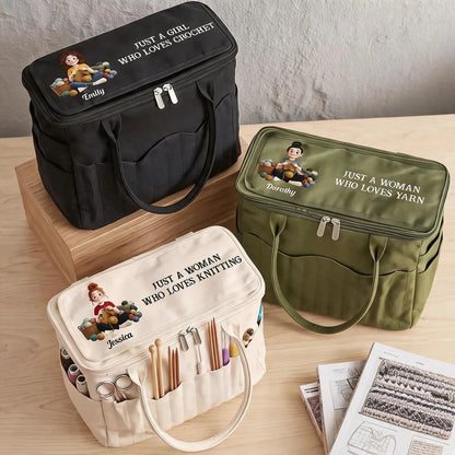 Personalized Yarn Storage Bag, Cartoon Woman Knitting with Colorful Yarn, Unique Gift for Knitters