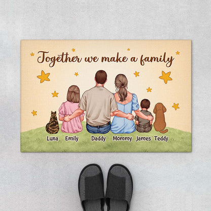 Heartwarming Family Standard Doormat, Personalized Custom Home Entryway Decor with Mom Dad Kids Cat Dog, Unique Housewarming Gift