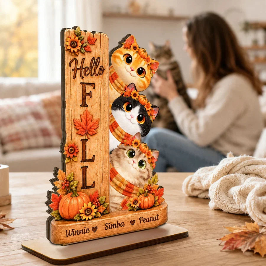 Hello Fall Wooden Plaque, Peeking Cartoon Cats and Autumn Leaves, Personalized Keepsake and Creative Gift for Pet Owners