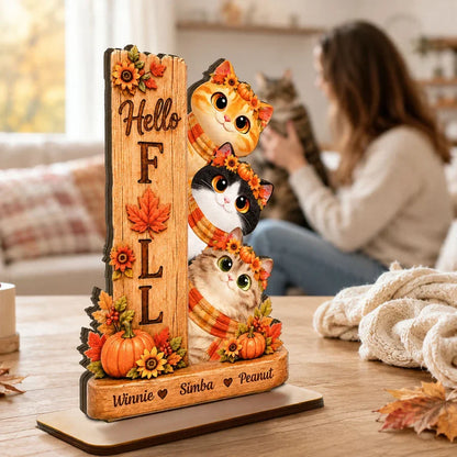 Hello Fall Wooden Plaque, Peeking Cartoon Cats and Autumn Leaves, Personalized Keepsake and Creative Gift for Pet Owners