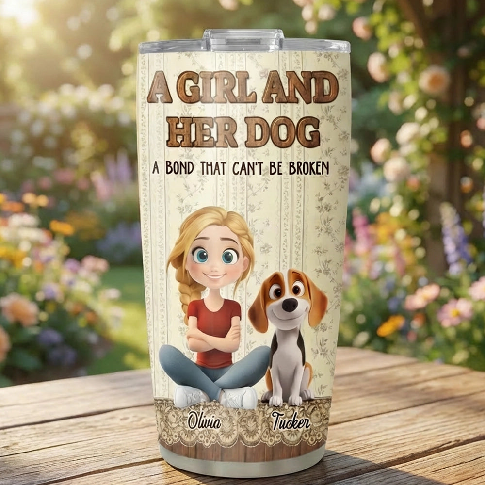 Insulated Travel Tumbler Personalized as a One-of-a-Kind Gift, Cute Girl Sitting with Her Dog, Warm Vintage Style for Daily Coffee