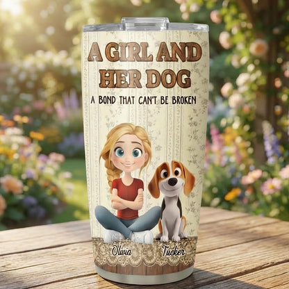 Insulated Travel Tumbler Personalized as a One-of-a-Kind Gift, Cute Girl Sitting with Her Dog, Warm Vintage Style for Daily Coffee