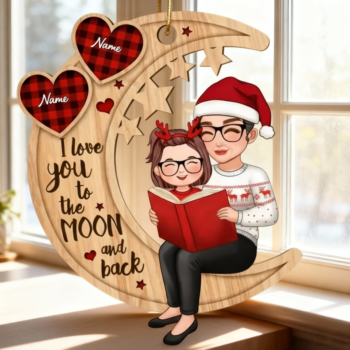 Wooden Ornament Grandma & Grandkid on Crescent Moon, I Love You to the Moon & Back - Xmas Decor, unique gift for Grandkids
