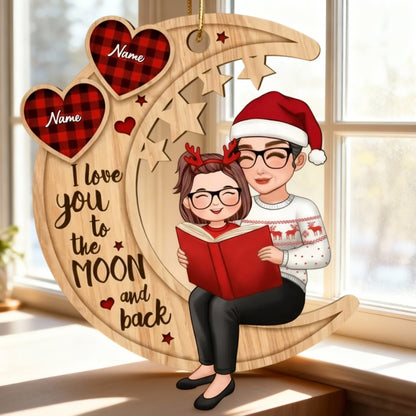 Wooden Ornament Grandma & Grandkid on Crescent Moon, I Love You to the Moon & Back - Xmas Decor, unique gift for Grandkids