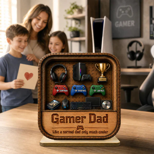 Gamer Dad 2-Layer Wooden Plaque, Personalized Gaming Shelf Display, Unique Gift for Dad