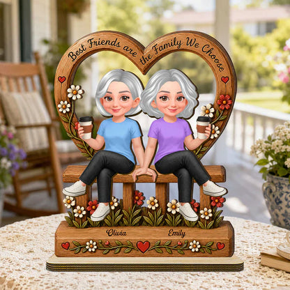 2-Layer Wooden Plaque, Family We Choose Quote with Friends on Floral Bench, Creative Gift for Close Friend
