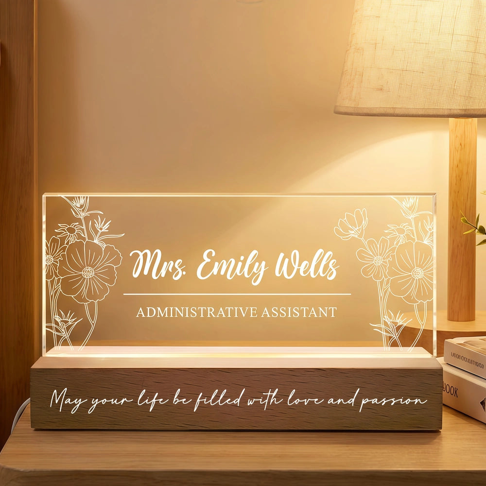 Personalized Block LED Light Plaque Desk Name Sign with Floral Design – Warm Office Night Light & Unique Gift for Coworkers or Boss