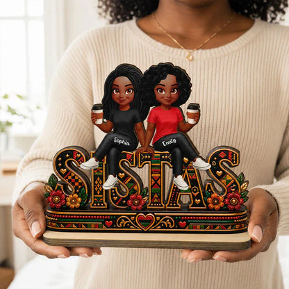 Personalized 2-Layer Wooden Plaque, Sistas Cartoon Display With Coffee Cups, Unique Sister Gift