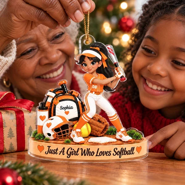 Personalized Acrylic Ornament, Cartoon Softball Player Swinging a Bat, Unique Christmas Gift for Daughter