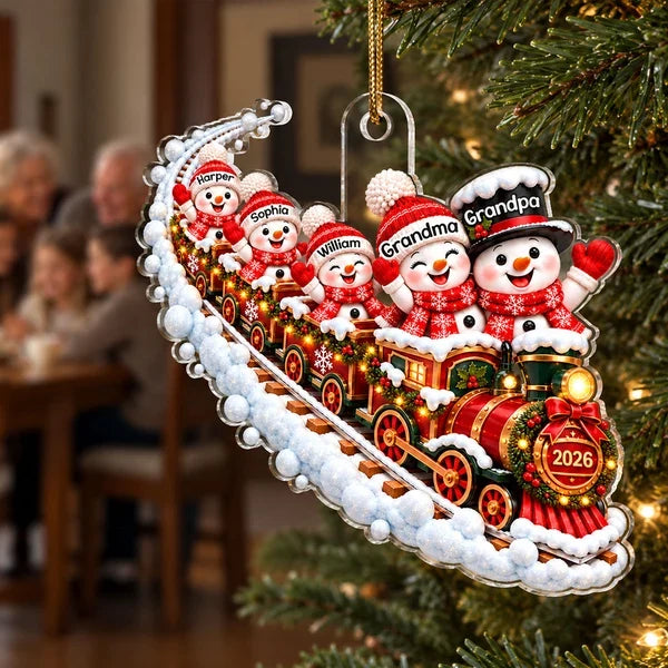 Personalized Acrylic Ornament, Snowman Family Train in Festive Red, Unique Christmas Gift for Grandparents