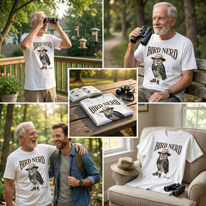 Personalized Bird Nerd Classic Tee with Owl in Hat and Binoculars, Funny Birdwatching Look, Unique Gift for Bird Lover