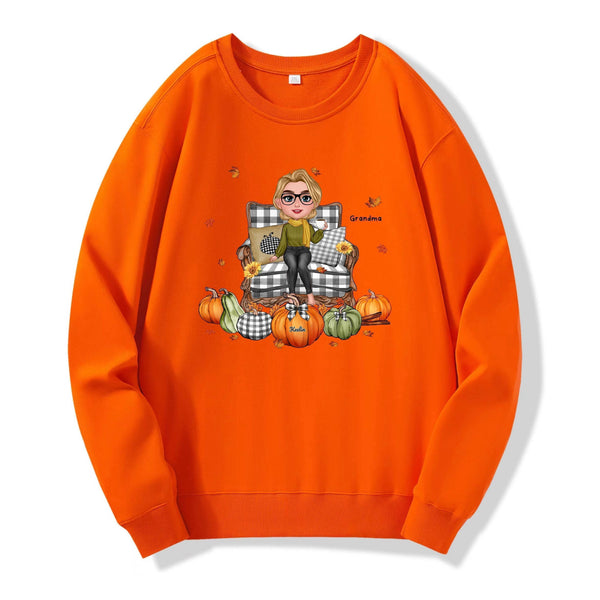 Grandma Sitting On Chair Kids Pumpkins Personalized T-Shirt/Sweatshirt/Hoodie