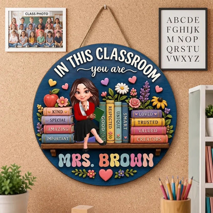 Personalized Wooden Sign With Cartoon Teacher, Books & Flowers, Unique Classroom Gift