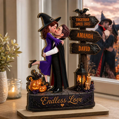 Personalized 2-Layer Wooden Plaque, Kissing Witch Couple Halloween Decor, Unique Gift for Couples